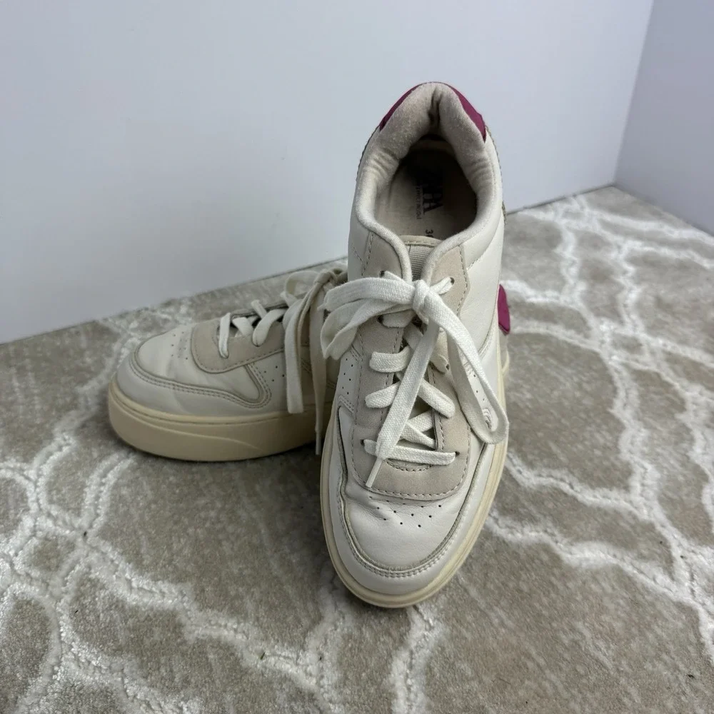 Zara‎ Women's Platform Sneakers White Beige Pink Size 36 (US 6) Leather Suede